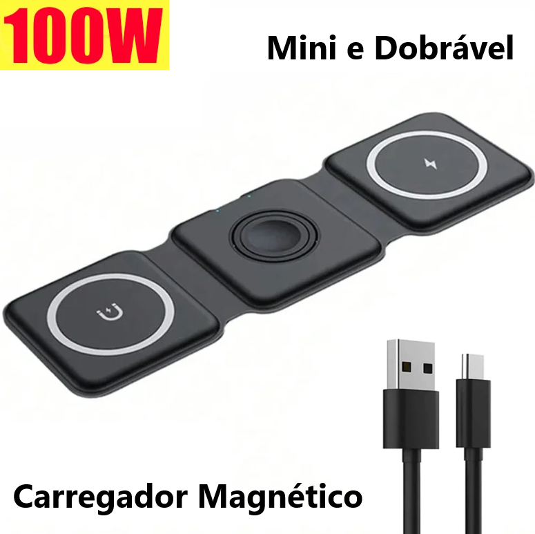 Carregador Magnético portátil, de 100W, sem fio, 3 em 1 de carregamento rápido para iPhone 15, 14, 13, 12, 11, 8, X, XR, Apple Watch, Airpods, 100W.